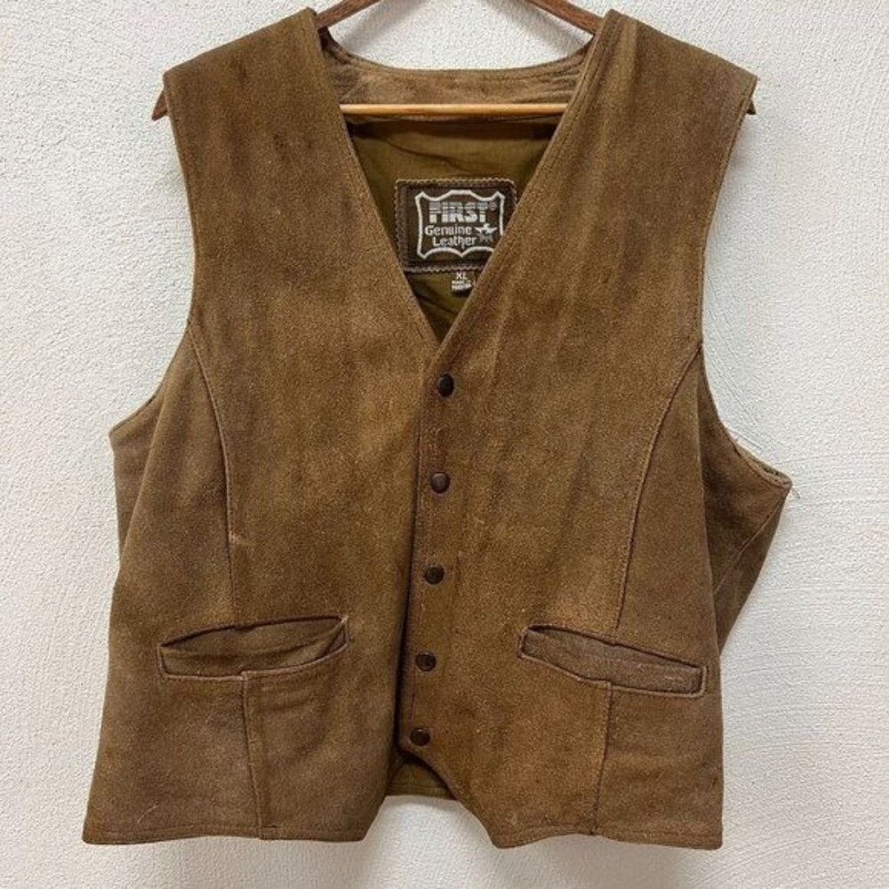 First Men's Genuine Leather Vest Jacket Front Button V Neck Brown Size X Large